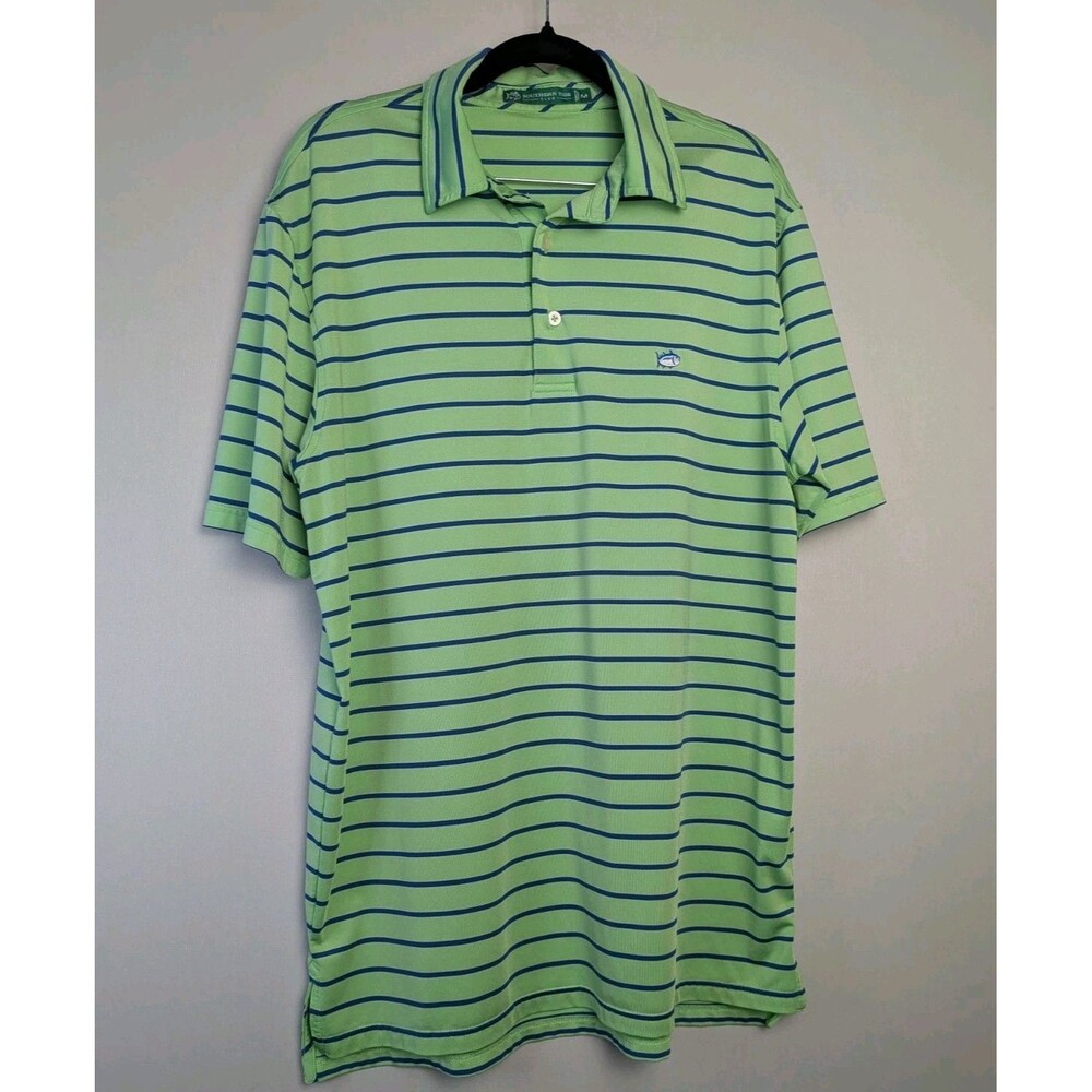 Southern Tide Club Shirt Mens Medium Green Blue Striped Polo Golf Short Sleeves